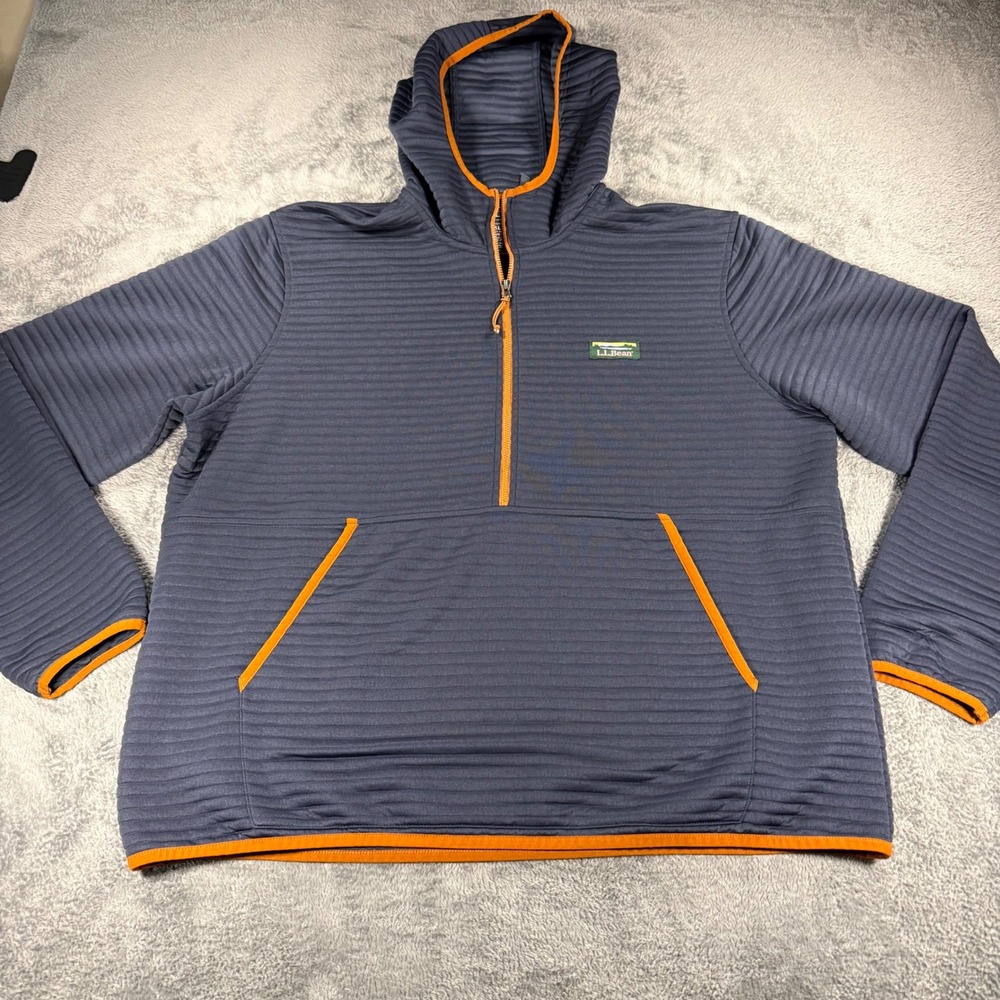 LL Bean Mens Ridge Fleece Quarter 1/4 Zip Hoodie Navy Blue Orange XL Regular‎